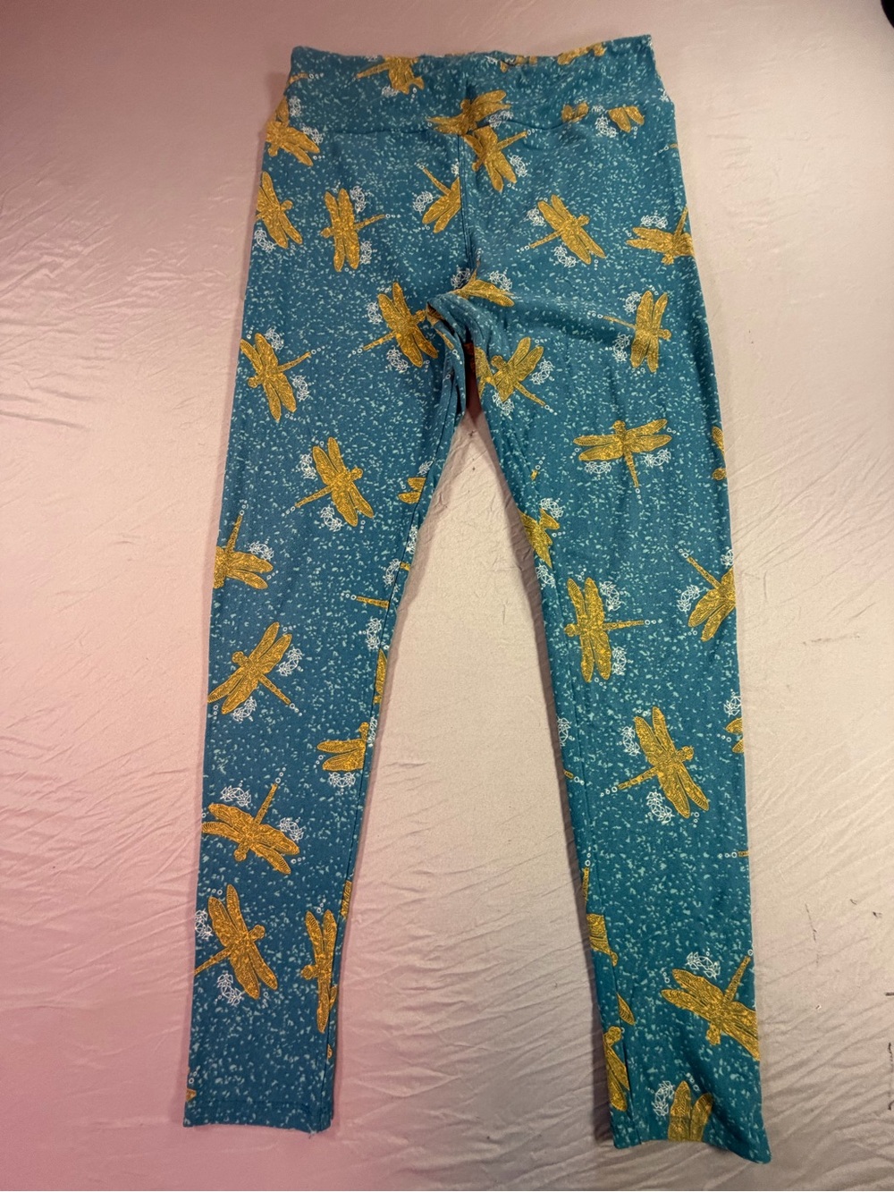 LuLaRoe Teal Leggings with Yellow Dragonfly Print